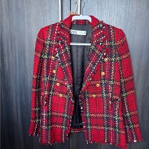 Zara Red Plaid Embellished Blazer